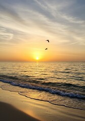 Serene Sunrise Over Ocean Beach with Birds in Flight