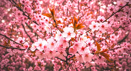 Close up of delicate pink cherry blossoms in full bloom on a tree branch with a soft focus background of more flowers