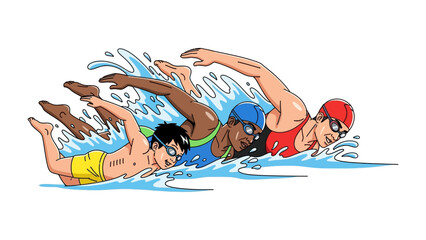 Dive Into Competition: An illustration that capture the energy of a swim race. depicting the swimmers racing through the water, showcasing their strength and determination.