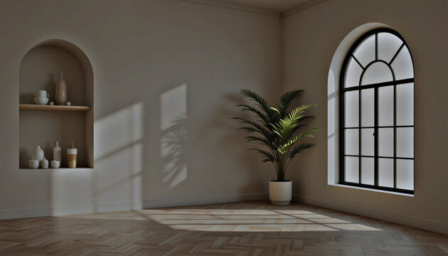 An interior view of a room with a plant, arched window, and a shelf with decorative items