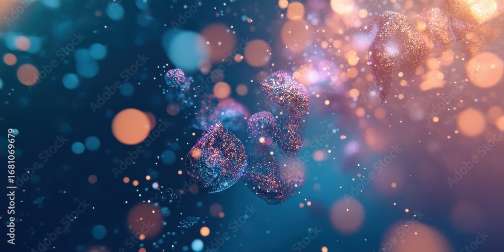 Poster abstract 3d render of floating particles and bokeh lights in blue and orange tones image