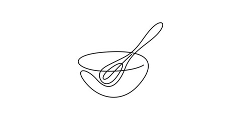 Single continuous line drawing bowl and spoon. Isolated on white background vector illustration