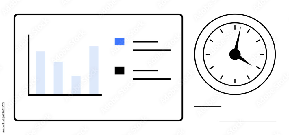 Aufkleber bar chart with data points on screen beside analog clock representing schedule, performance, or prod