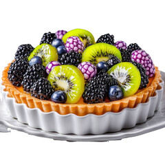Delicious Fruit Tart with Fresh Berries and Kiwi on a White Plate Perfect for Dessert Lovers