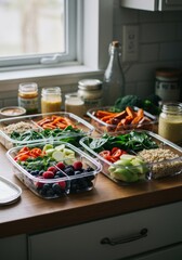 Healthy Meal Prep: Colorful Vegetables Fruits Grains in Clear Containers