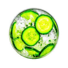 Refreshing Cucumber Drink with Ice and Bubbles in a Clear Glass for Summer Hydration and Wellness