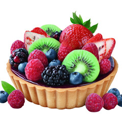 Colorful fruit tart with fresh berries, kiwi, and strawberries on a white background