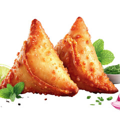 Crispy Golden Samosas with Fresh Herbs and Dipping Sauce on a White Background