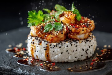 Delicate sushi burger featuring rice and seafood topped with sesame Japanese dish