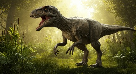 Fototapeta premium Prehistoric Predator - Tyrannosaurus Rex in Lush Primeval Forest.