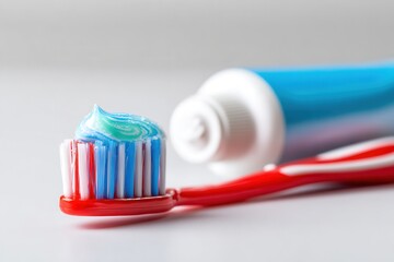 Toothbrush and toothpaste on a white background symbolizing dental care and health