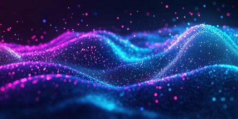 Fototapeta premium Abstract Digital Landscape of Blue and Pink Glowing Particles and Waves background