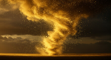 Desert swirling dust tornado desert background, golden sky desert wallpaper dramatic storm, powerful nature desert backdrop