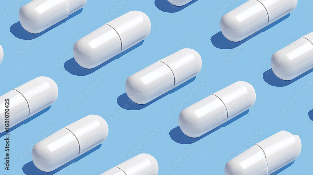 Poster white capsule pills displayed in a repeating pattern on a blue background.