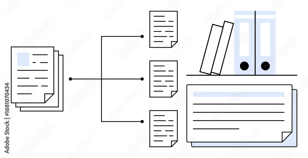 Poster files distributed into sub-documents alongside folders and bookshelves. ideal for archiving, data ma