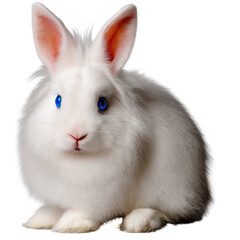 Cute fluffy white rabbit with bright blue eyes sitting on a plain background ready for a joyful springtime adventure