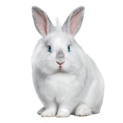 Majestic White Rabbit with Vibrant Blue Eyes Surrounded by Soft Fur in a Calm Natural Environment