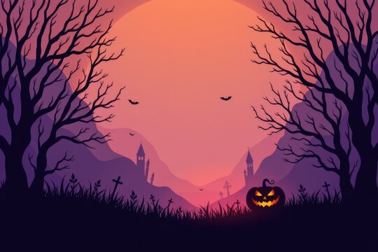 minimal halloween design layering jagged black shadows, subtle orange highlights, faint purple haze, uncluttered layout conveying mysterious spooky effect.