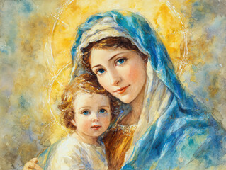 Madonna and Child Watercolor AI Generative