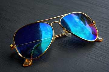 Gold metal aviator sunglasses with mirrored glass lenses set against a black wooden surface