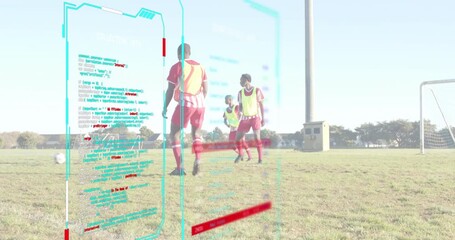 UI panels animating over soccer field, player receiving ball and dribbling analyzing sports data - Powered by Adobe