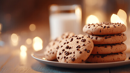 Stack of chocolate chip cookies on a plate with a glass of milk and blurred lights in the background, for a festive and cozy mood