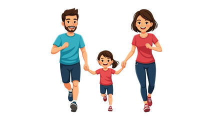 Family Running Joyfully: A family of three, a father, mother, and daughter, run together, their hands clasped in a display of familial joy and togetherness.