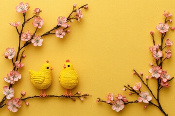 Easter or spring greeting card featuring decorative yellow chicks and a cherry blossom branch on a yellow backdrop top view