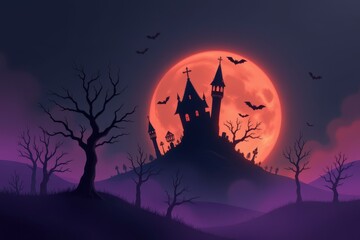 abstract minimal halloween design with sparse angular black shapes, soft orange glow, faint purple haze, negative space conveying mysterious eerie feeling.