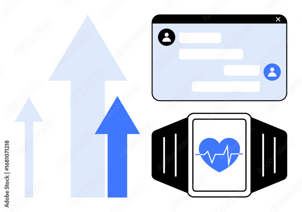 Poster smartwatch displaying heartbeat, chat interface with user profiles, and upward arrows. ideal for hea