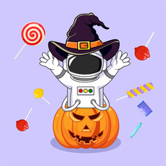Astronaut in a Witch Hat on a Pumpkin with Halloween Candy Vector Illustration Cartoon Design