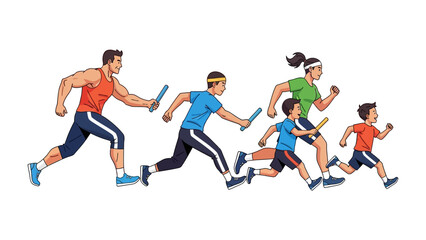 Family relay race: A colorful illustration depicting a family of six competing in a relay race, showcasing dynamic movement and teamwork, representing the spirit of sportsmanship and togetherness.