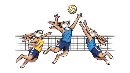 Volleyball Bunnies: A whimsical cartoon depicts three athletic rabbits engaged in a spirited game of volleyball, showcasing their teamwork, athleticism, and competitive spirit. 