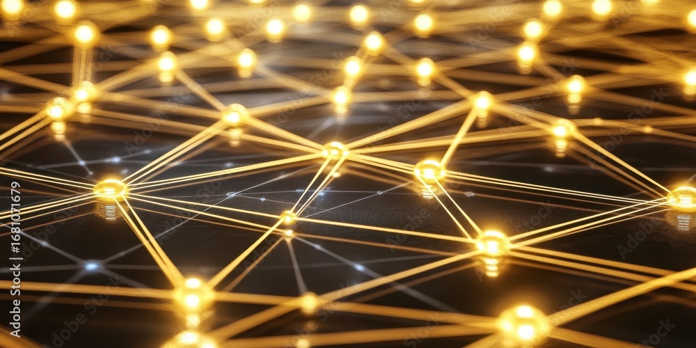Poster abstract network of glowing golden spheres connected by lines connection technology