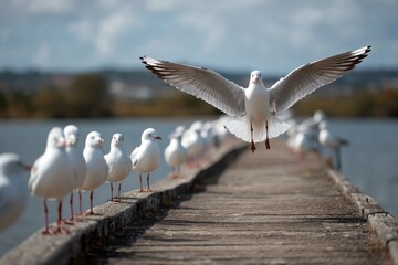 An individual seagull alighting among a group on a jetty by a river in Ballina Australia