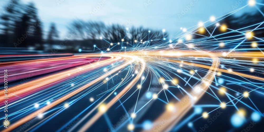 Aufkleber abstract network of glowing lines and nodes on a blurred background of speed and motion