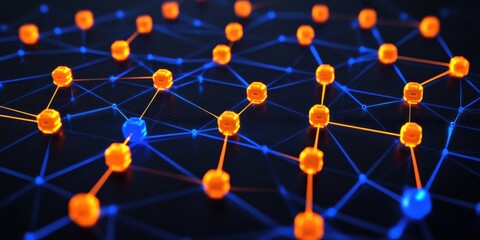 Abstract network of glowing orange and blue nodes connected by lines algorithm background