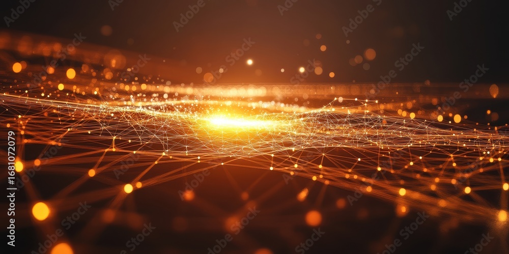 Poster abstract orange digital network with glowing particles and bokeh lights technology