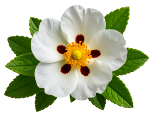 Cistus Ladanifer Bloom with Green Leaves, Isolated PNG