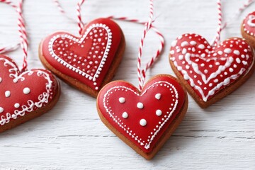 Red heart shaped gingerbread cookies on a white wooden surface ideal for Valentine s Day or International Women s Day