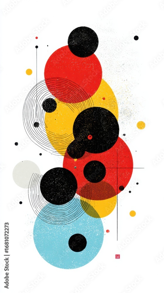 Poster abstract composition featuring colorful circles and lines on a white background created in a modern 