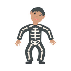 African American boy wearing skeleton costume for Halloween. Vector illustration on white background