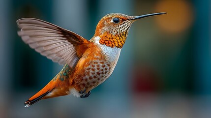 Fototapeta premium A colorful hummingbird flutters in mid air with wings spread wide open against blurred natural background