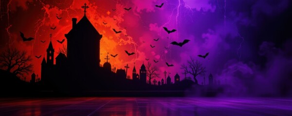 photo spot design with jagged black silhouettes on wall and floor, glowing orange highlights, subtle purple haze, layered composition emphasizing spooky mood.