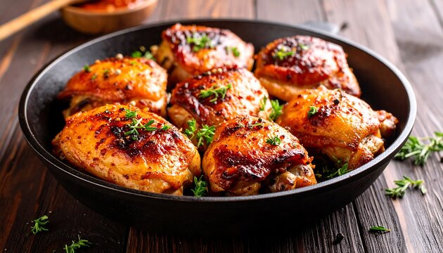 Roasted chicken thighs in a cast iron skillet