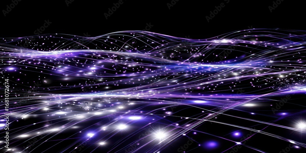 Poster abstract wavy lines of light and glittering particles on black background image photo