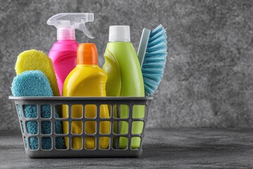 Container holding dish soap glass and tile cleaner microwave and stovetop detergent and a brush on a gray backdrop Cleaning and washing theme
