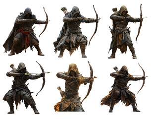 Unique Depictions of Archer in Dark Hooded Attire with Bow and Arrow