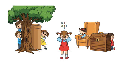 Hide and Seek: Playful kids engaged in a classic game of hide and seek, laughter and anticipation fills the air as the scene unfolds in vibrant colors, celebrating childhood joy and friendship.