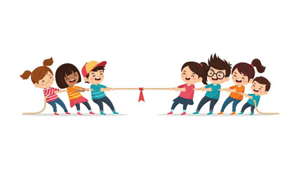 Fototapeta premium Tug-of-War Game: A delightful illustration captures children's spirited tug-of-war, a visual celebration of teamwork, competition, and pure playful fun. 